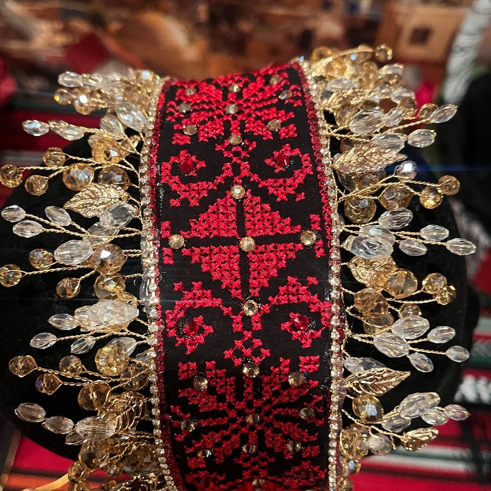 Red and Black Embroidered Headband with Gold Accents